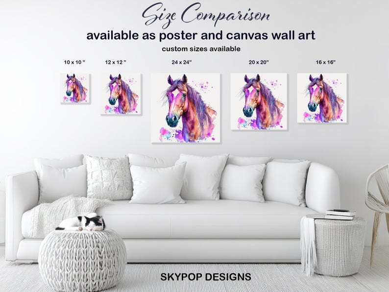 Horse Art, Canvas or Poster, Bohemian Modern Decor, Living Room Bedroom Office Wall Art, Purple Multicolor Pink Teal, Splash Animal Art image 8