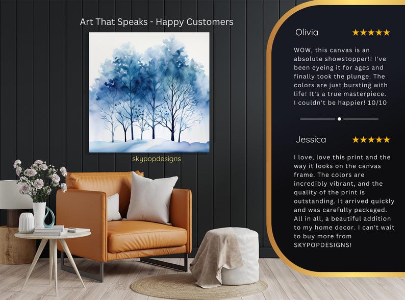 May include: A watercolor painting of blue trees on a white background hangs on a dark wall. The painting is above a brown leather chair with a white pillow. The text "Art That Speaks - Happy Customers" is at the top.