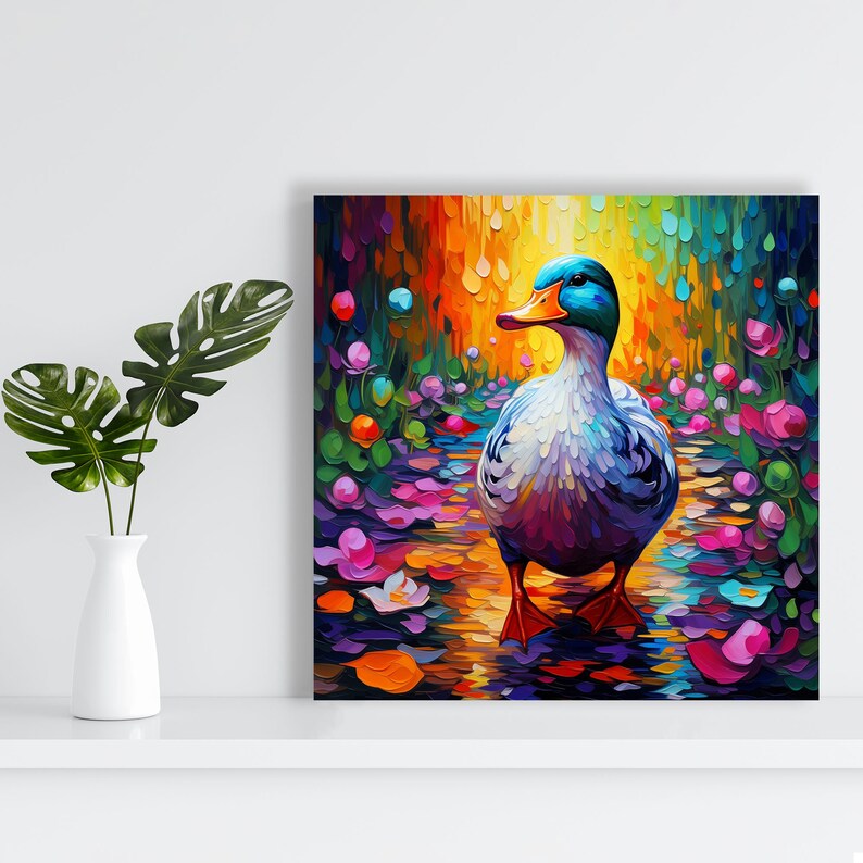 May include: A colorful painting of a duck walking through a field of flowers. The duck is blue, green, and white, and the flowers are pink, purple, and yellow. The background is a blur of colors.