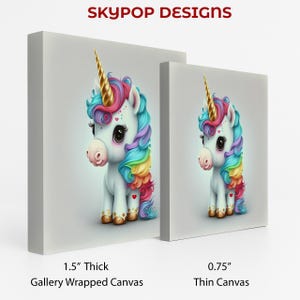 Arte de unicornio, lienzo o póster, decoración de píxeles caprichosa, arte de pared para habitación infantil, dormitorio, sala de juegos, guardería, multicolor, rosa, azul y dorado. imagen 2