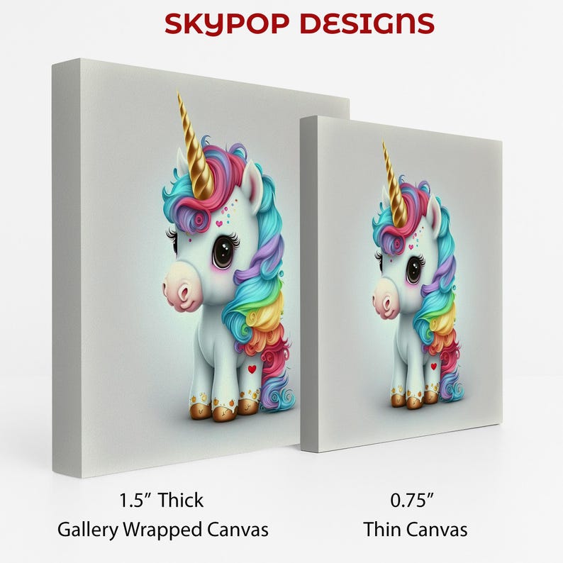 Arte de unicornio, lienzo o póster, decoración de píxeles caprichosa, arte de pared para habitación infantil, dormitorio, sala de juegos, guardería, multicolor, rosa, azul y dorado. imagen 2