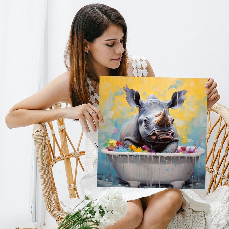 May include: A painting of a rhinoceros taking a bath in a white bathtub. The rhinoceros is gray and has a horn. The bathtub is filled with colorful flowers and water. The background is yellow with blue clouds.