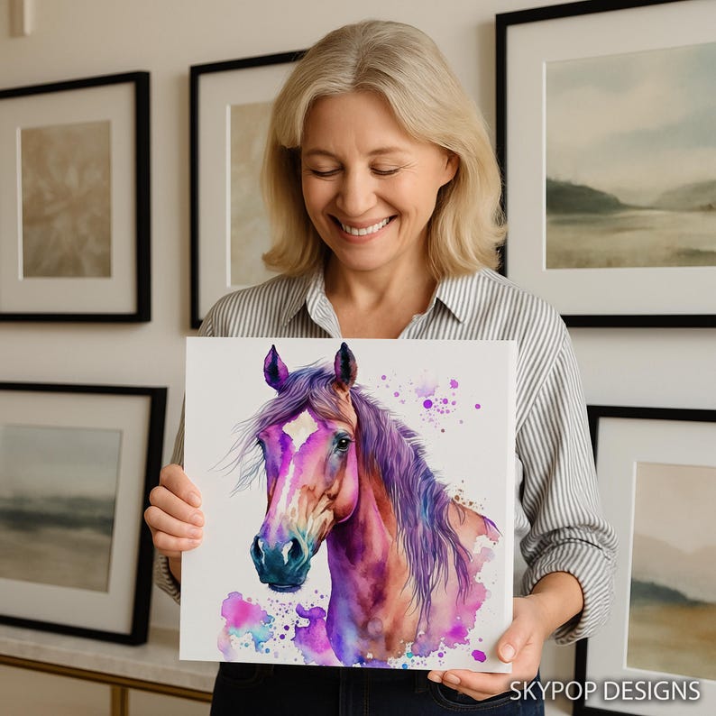 Horse Art, Canvas or Poster, Bohemian Modern Decor, Living Room Bedroom Office Wall Art, Purple Multicolor Pink Teal, Splash Animal Art image 4
