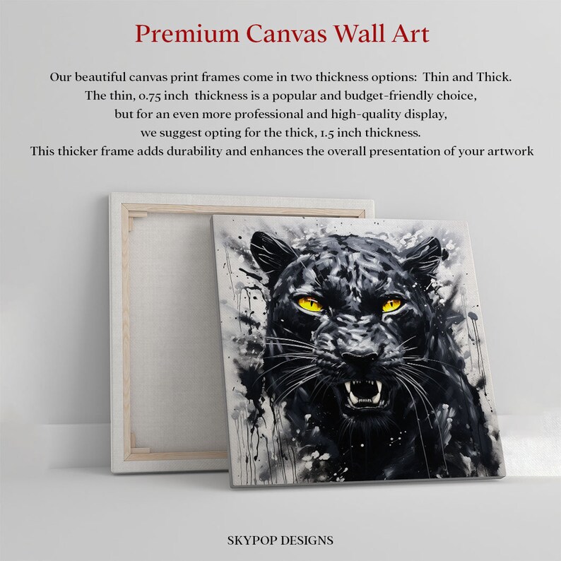 K&ouml;nnte beinhalten: Ein Aquarellbild zeigt einen schwarzen Panther mit gelben Augen. Das Bild ist in einem Holzrahmen gerahmt. Der Rahmen ist in zwei St&auml;rken erh&auml;ltlich: 0,75 Zoll und 1,5 Zoll. "SKYPOP DESIGNS" ist unten im Bild gedruckt.