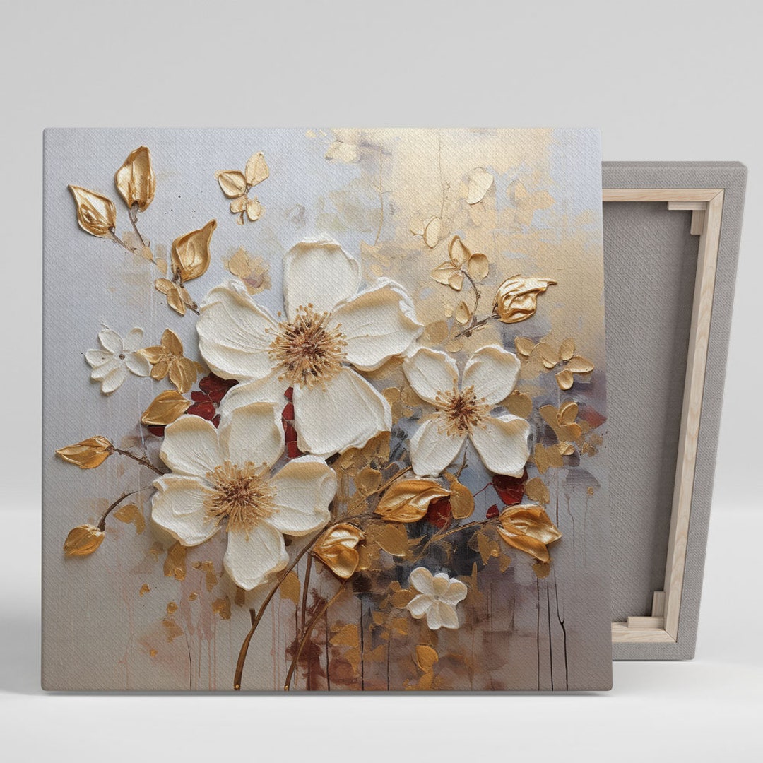 White and Gold Flower Wall Art, Canvas or Poster, Flower Wall Decor ...