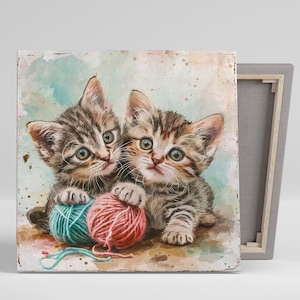 Arte de pared de gatitos, lienzo o póster, decoración de animales extravagantes, arte de pared para dormitorio infantil, diseño divertido en azul, rosa, marrón y blanco