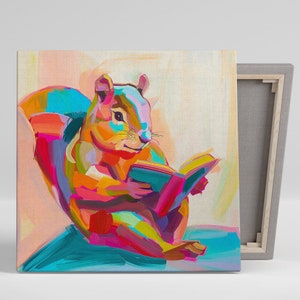 Squirrel Wall Art, Canvas or Poster, Abstract Bohemian Decor, Children's Room Office Living Room Bedroom Wall Art, Pink Blue Orange Yellow