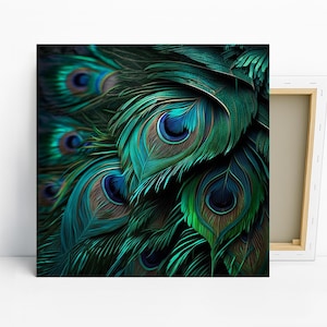 Peacock Feather Art, Canvas or Poster, Bohemian Modern Glam Decor, Living Room Bedroom Entryway Dining Room Art, Green Teal Blue Multicolor