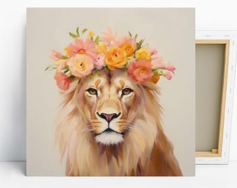 Lion Floral Crown Art, Canvas or Poster, Bohemian Modern Glam Decor, Living Room Bedroom Entryway Office Art, Beige Pink Yellow Multicolor