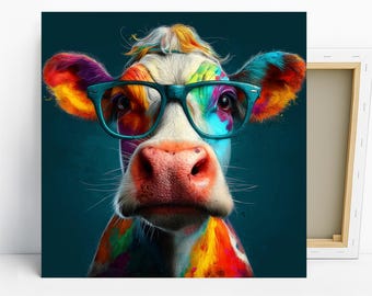 Highland Cow Art, Canvas or Poster, Pop Art Bohemian Decor, Living Room Bedroom Office Wall Art, Multicolor Teal Pink Blue