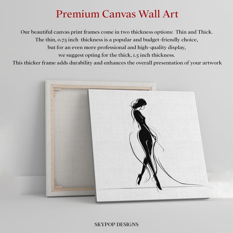 Pode incluir: Um desenho a preto e branco de uma mulher com um vestido, impresso em uma tela. A tela &eacute; enquadrada com uma moldura de madeira. A moldura est&aacute; dispon&iacute;vel em duas espessuras: 0,75 polegadas e 1,5 polegadas.