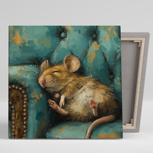 Verträumte Maus im Schlaf, Leinwand oder Poster, wunderliches Tierdekor, Wohnzimmer Schlafzimmer Bürowandkunst, Teal Gold Braun Zeitgenössischer Druck