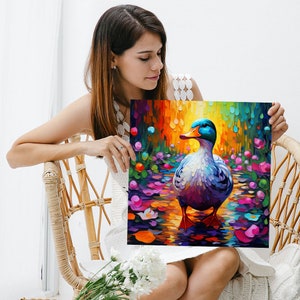 May include: A colorful painting of a duck standing in a pond with water lilies. The duck is painted in shades of blue, purple, and white, with a green head and orange beak. The background is a vibrant mix of colors, including green, yellow, orange, and pink.