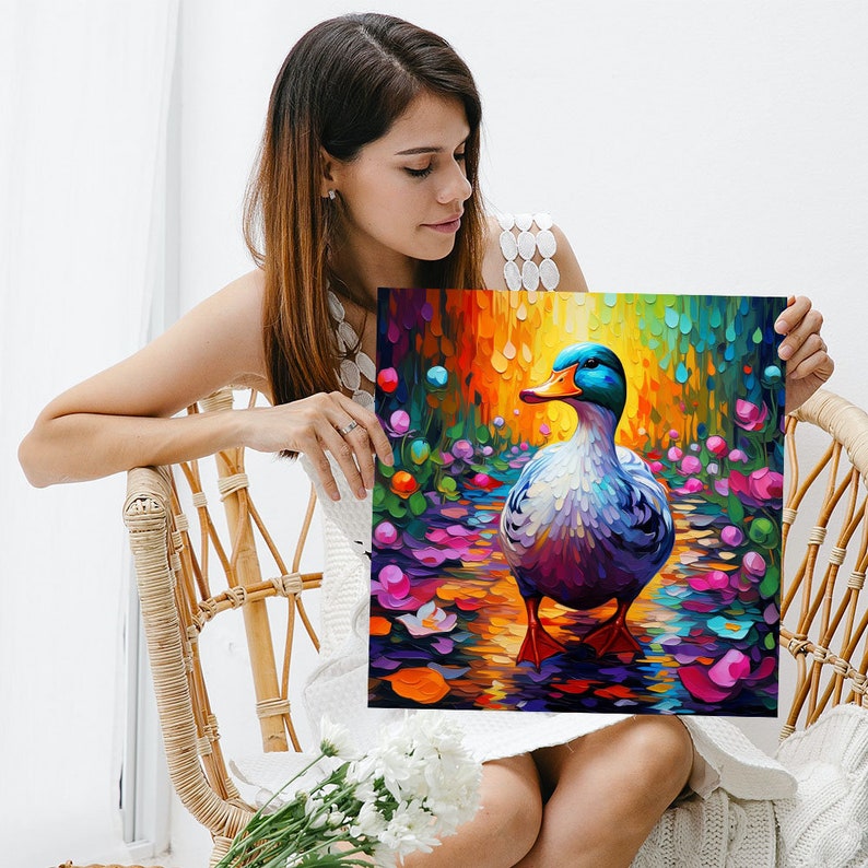 May include: A colorful painting of a duck standing in a pond with water lilies. The duck is painted in shades of blue, purple, and white, with a green head and orange beak. The background is a vibrant mix of colors, including green, yellow, orange, and pink.