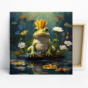Frog King Art, Canvas or Poster, Whimsical Bohemian Decor, Living Room Bedroom Childrens Game Room Wall Art, Green Yellow Blue Multicolor
