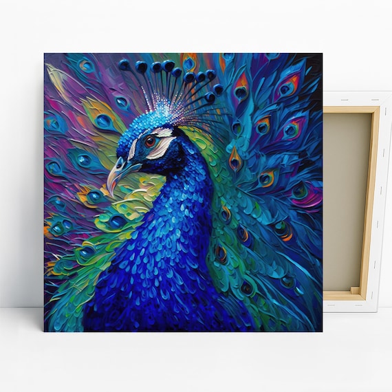 Peacock Art, Canvas or Poster, Modern Bohemian Decor, Living Room Bedroom Dining Room Entryway Wall Art, Blue Purple Green Multicolor