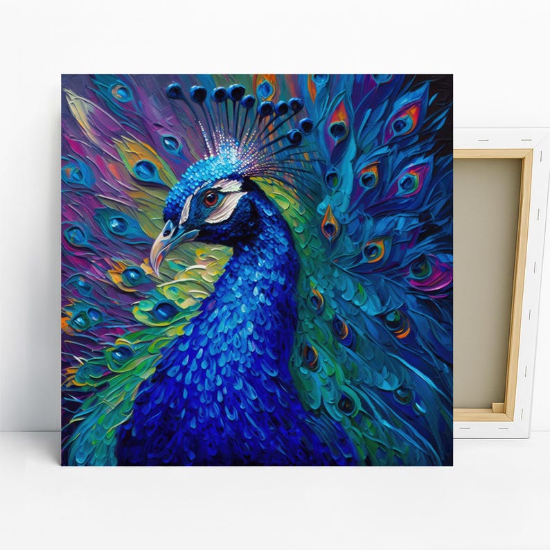 Peacock Art, Canvas or Poster, Modern Bohemian Decor, Living Room Bedroom Dining Room Entryway Wall Art, Blue Purple Green Multicolor image 1