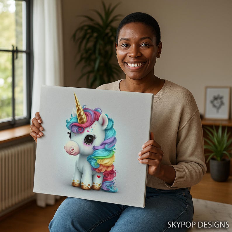 Arte de unicornio, lienzo o póster, decoración de píxeles caprichosa, arte de pared para habitación infantil, dormitorio, sala de juegos, guardería, multicolor, rosa, azul y dorado. imagen 10