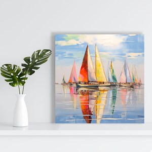 Pode incluir: Uma pintura de veleiros num mar azul tranquilo com um c&eacute;u brilhante. Os veleiros s&atilde;o de v&aacute;rias cores, incluindo vermelho, amarelo e azul. A pintura &eacute; feita em um estilo pict&oacute;rico com pinceladas vis&iacute;veis.