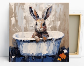 Bunny Art, Canvas or Poster, Whimsical Scandinavian Decor, Bathroom Children's Room Entryway Wall Art, Blue White Brown Beige, Modern Art