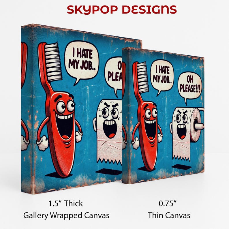 Arte de cepillo de dientes y papel higiénico, lienzo o póster, decoración bohemia de estilo pop art, arte de pared para sala de juegos, oficina, azul, rojo y blanco. imagen 2