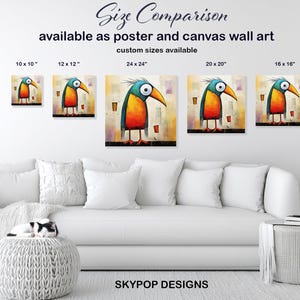Bird Art, Poster or Canvas, Whimsical Bohemian Minimalist Decor, Living Room Bedroom Office Entryway Wall Art, Multicolor Yellow Orange Teal image 8