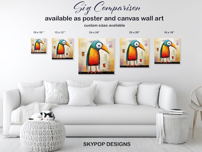 Bird Art, Poster or Canvas, Whimsical Bohemian Minimalist Decor, Living Room Bedroom Office Entryway Wall Art, Multicolor Yellow Orange Teal image 8