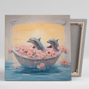 Two Dolphins In Bathtub Canvas Or Poster, Bathroom Wall Art, Bathtub Art, Dolphin Wall Decor, Nursery Wall Art, Home Decor, Room Decor