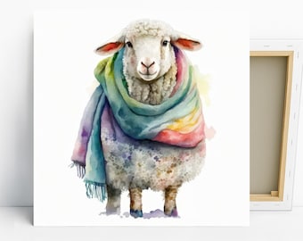 Sheep Art, Poster or Canvas, Whimsical Bohemian Farmhouse Scandinavian Decor, Living Room Bedroom Nursery Art, Multicolor White Teal Pink