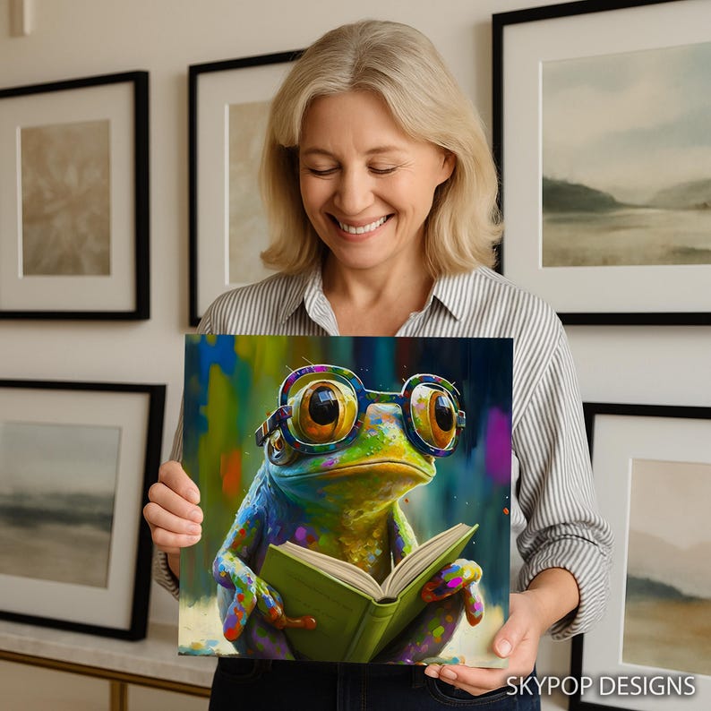 Frog Art, Poster or Canvas, Whimsical Pop Art Decor, Living Room Childrens Room Office Wall Art, Multicolor Green Blue Yellow immagine 4