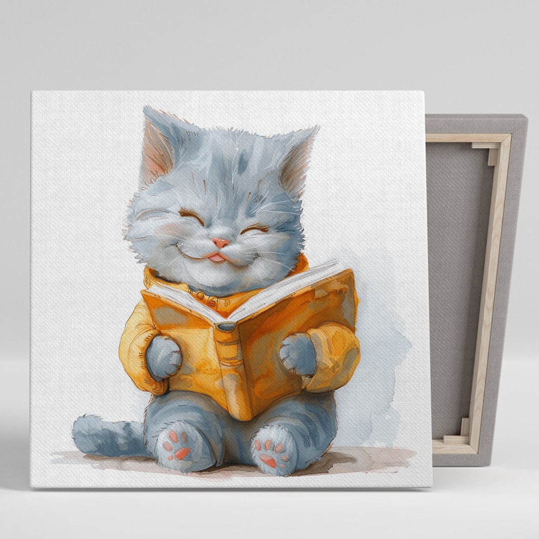 Kitten Bookworm Wall Art, Canvas or Poster, Whimsical Animal Decor ...