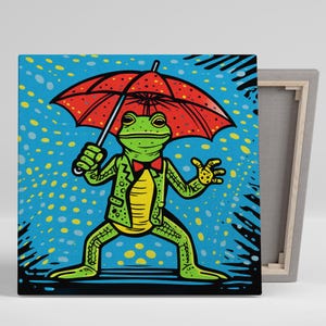 May include: A canvas print featuring a cartoon frog in a green suit, red bow tie, and holding a red umbrella with white polka dots. The frog stands against a blue background with yellow and blue spots, creating a whimsical and playful scene.