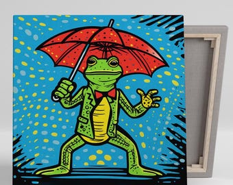 Dapper Frog in the Rain Art, Canvas or Poster, Whimsical Animal Decor, Children's Room Bathroom Office Wall Art, Colorful Modern Design