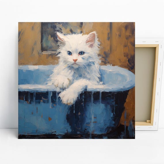 Kitten Art, Canvas or Poster, Impressionism Bohemian Decor, Bathroom Nursery Living Room Wall Art, Blue Brown White, Fluffy Cat Art Print