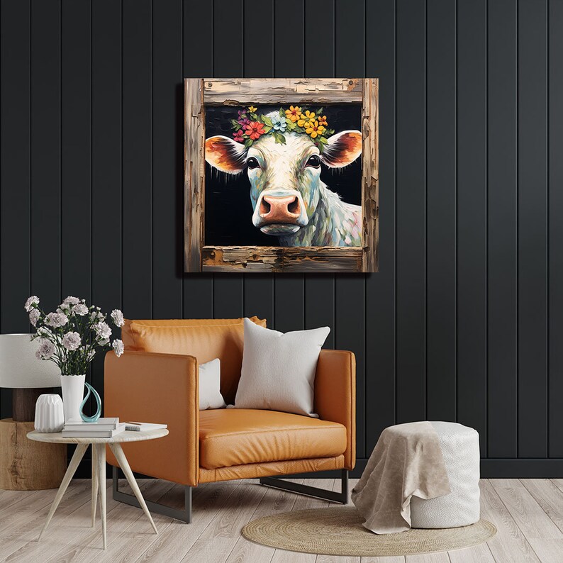 May include: A painting of a white cow with a flower crown, looking out of a rustic wooden window frame. The cow's eyes are closed and the background is dark.