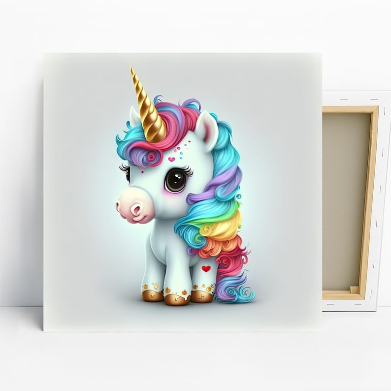 Arte de unicornio, lienzo o póster, decoración de píxeles caprichosa, arte de pared para habitación infantil, dormitorio, sala de juegos, guardería, multicolor, rosa, azul y dorado. imagen 1