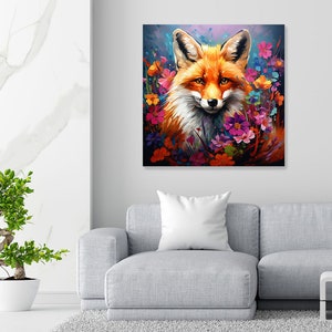 Puede incluir: Una pintura de un zorro rojo con un pecho blanco y una cola esponjosa, rodeado de flores coloridas. El zorro est&aacute; mirando directamente al espectador.