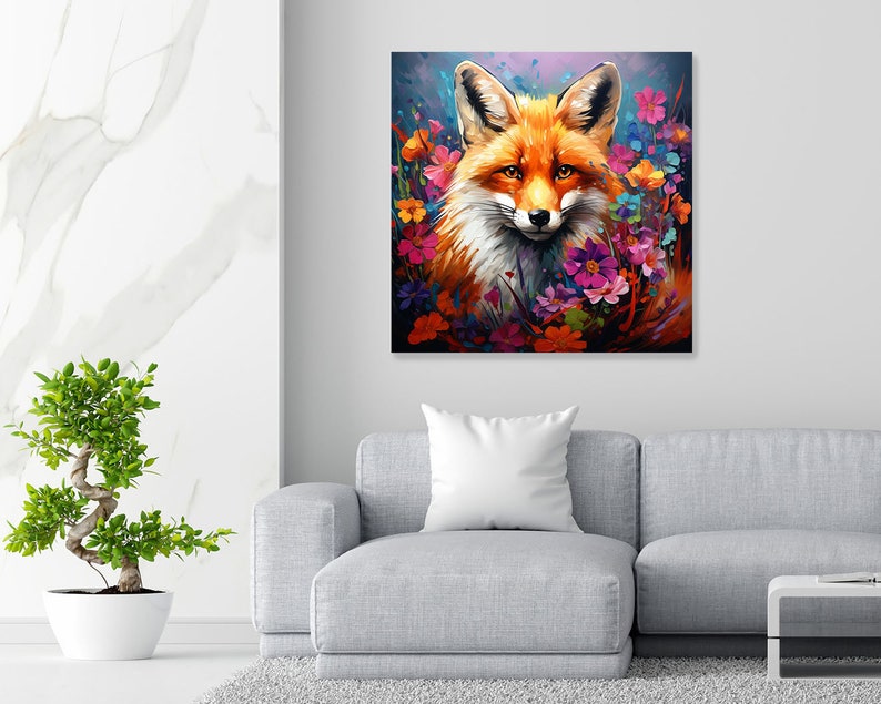 Puede incluir: Una pintura de un zorro rojo con un pecho blanco y una cola esponjosa, rodeado de flores coloridas. El zorro est&aacute; mirando directamente al espectador.