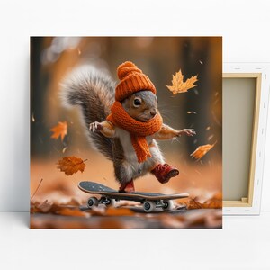 Squirrel Skateboarding Art, Canvas or Poster, Whimsical Bohemian Decor, Living Room Bedroom Office Art, Brown Orange Yellow Multicolor Art 画像 1