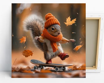 Eichhörnchen Skateboard Kunst, Leinwand oder Poster, wunderliche Boho Dekor, Wohnzimmer Schlafzimmer Büro Kunst, braun, orange, gelb, mehrfarbige Kunst