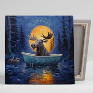 Moose In Bathtub, Canvas Or Poster, Moose Wall Art, Nursery Decor, Bathroom Decor, Animal Decor, Modern Decor, Moose Decoration