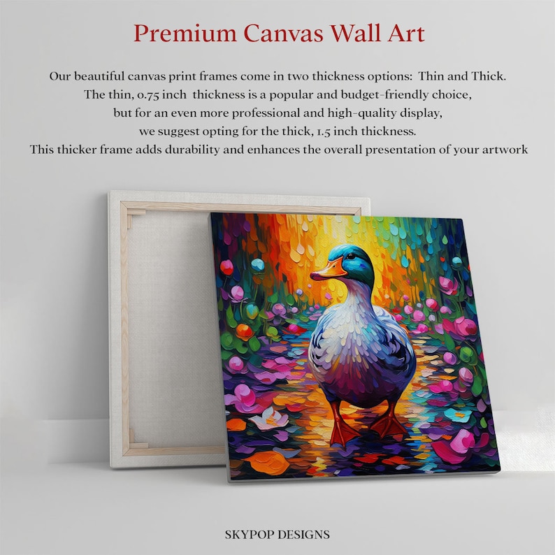 May include: A colorful painting of a duck walking through a field of flowers. The duck is painted in shades of blue, green, white, and purple. The flowers are painted in shades of pink, purple, and yellow. The background is a blurred image of a forest. The painting is framed in a white wooden frame. The frame is 1.5 inches thick. SKYPOP DESIGNS is printed at the bottom of the painting.