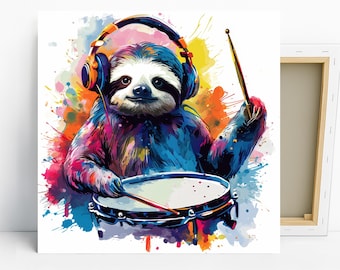 Sloth Drummer Art, Canvas or Poster, Pop Street Contemporary Decor, Living Room Office Music Room Bedroom Art, Multicolor Blue Orange Yellow