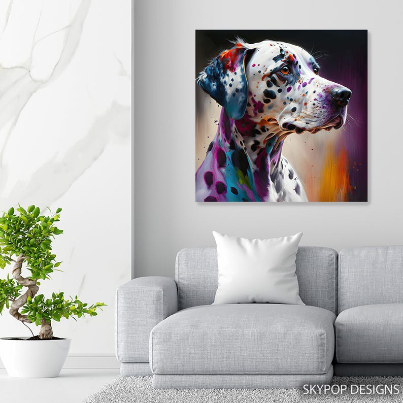 Dalmatiner Hund Kunst, Leinwand oder Poster, zeitgenössische Boho Glam Dekor, Wohnzimmer Büro Schlafzimmer Eingangsbereich Kunst, mehrfarbig schwarz weiß lila Bild 6