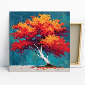 Autumn Blaze Tree Art, Poster or Canvas, Impressionism Modern Decor, Living Room Dining Room Entryway Wall Art, Multicolor Teal Orange Red