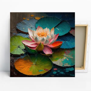Water Lily Bloom Art, Canvas or Poster, Impressionism Modern Asian Zen Decor, Living Room Bedroom Bathroom Office Wall Art, Teal Green Pink