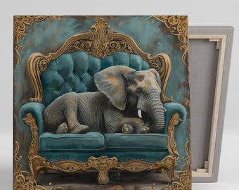 Arte de elefante regio en reposo, lienzo o póster, decoración barroca glamurosa y caprichosa, arte de pared para sala de estar, oficina, dormitorio, sala de juegos, verde azulado, dorado y marrón.