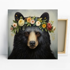 Bear Art, Canvas or Poster, Whimsical Farmhouse Decor, Living Room Bedroom Entryway Wall Art, Green Multicolor Brown Beige Floral Crown Art