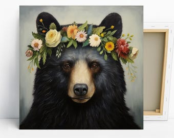 Bear Art, Canvas or Poster, Whimsical Farmhouse Decor, Living Room Bedroom Entryway Wall Art, Green Multicolor Brown Beige Floral Crown Art