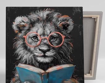 May include: A black and white illustration of a lion wearing pink round glasses and holding an open blue book. The lion has a serious expression on its face.